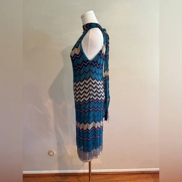 Hale Bob Teal and Cream Chevron Halter Maxi Dress - Picture 6 of 8